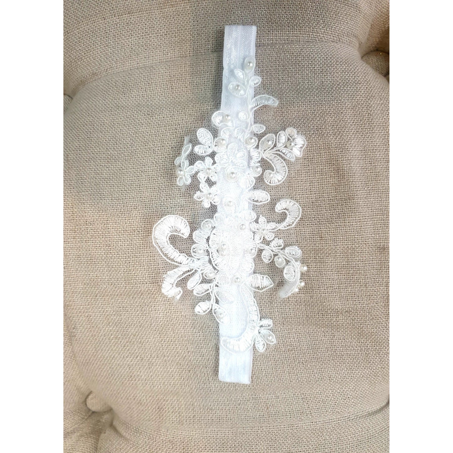 Ivory rose baby headband with pearl centre