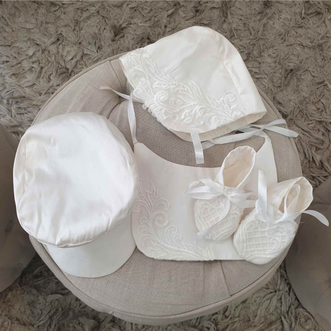 Ivory silk christening set with bonnet shoes bib and hat